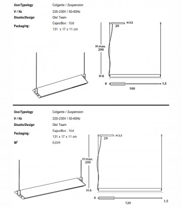 Dimensiones Lámpara colgante MANOLO Lineal 100cm, 120cm