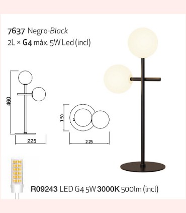 Dimensiones Lámpara de mesa Cellar 2 Luces G4 negro 7637 - Mantra
