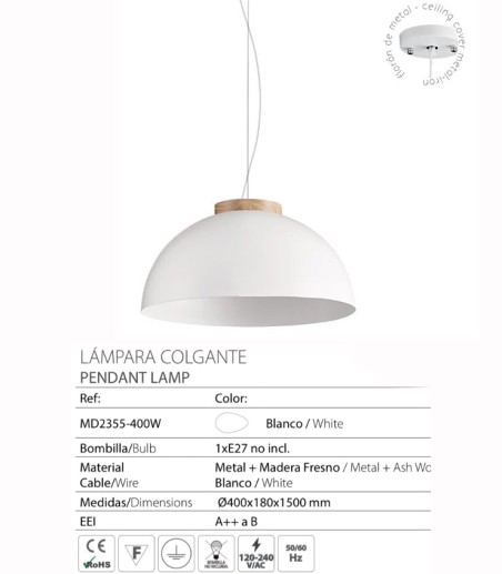 Características Lámpara campana metal blanco-madera Ø40cm E27