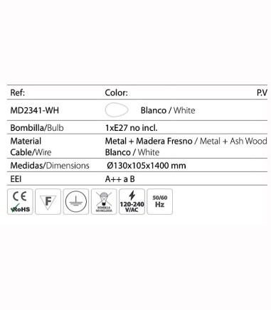 Características lámpara Colgante nórdico ND4 metal blanco-madera Ø13cm E27