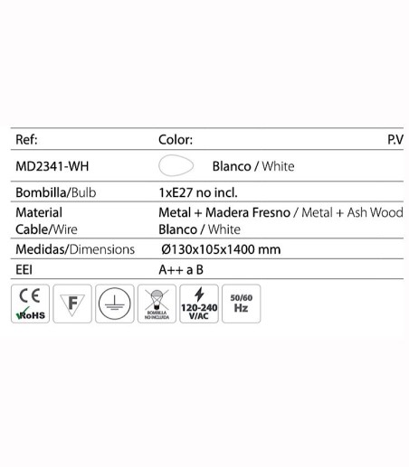 Características lámpara Colgante nórdico ND4 metal blanco-madera Ø13cm E27