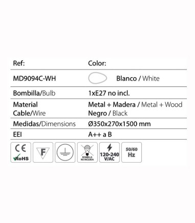 Características Lámpara colgante nórdica ND3 metal blanco-madera Ø35cm E27