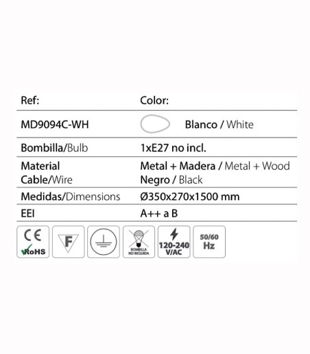 Características Lámpara colgante nórdica ND3 metal blanco-madera Ø35cm E27