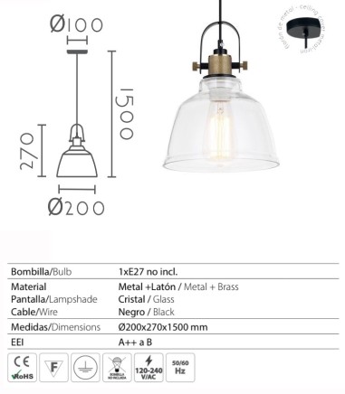 Características Lámpara colgante transparente - latón Ø20cm Lámpara techo colgante cristal MD8021-CL - Ineslam