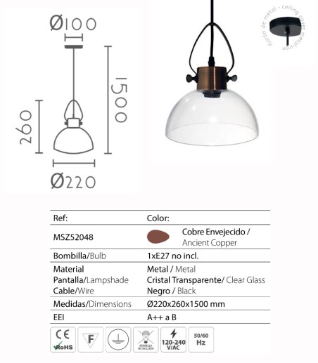 Características Lámpara MSZ2048 de Ineslam con campana de cristal transparente Ø22cm