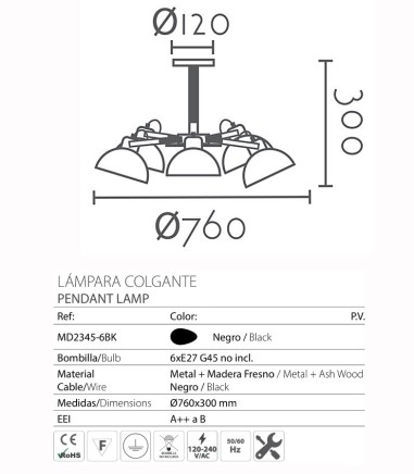 Características Lámpara nórdica MD2345-6B metal negro-madera 6L E27 Ø76cm INESLAM