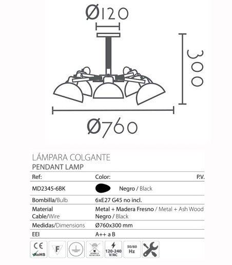 Características Lámpara nórdica MD2345-6B metal negro-madera 6L E27 Ø76cm INESLAM