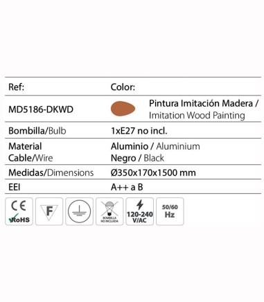 Características lámpara colgante MD5186-DKWD metal madera Ø35cm E27 - Ineslam