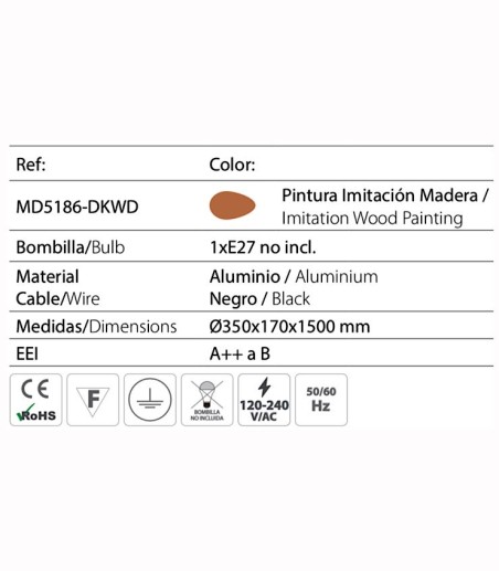 Características lámpara colgante MD5186-DKWD metal madera Ø35cm E27 - Ineslam