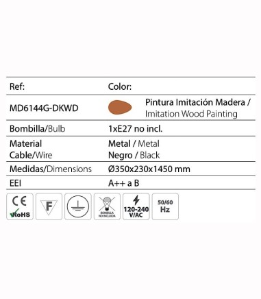 Características Lámpara bola metal madera Ø35cm E27 MD6144G-DKWD - Ineslam