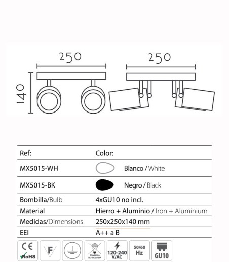Características plafón 4 Focos Blanco-Negro GU10 MX5015 - Ineslam