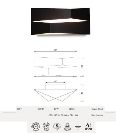 Características aplique de pared negro Fuji LED 10W - Mantra
