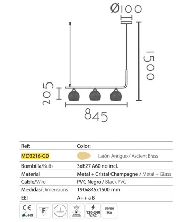 Características Lámpara de techo MD3216-GD 3 Luces E27 - Ineslam