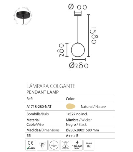 Características Lámpara de techo mimbre Dalia 28 - Ineslam A1718-280-NAT