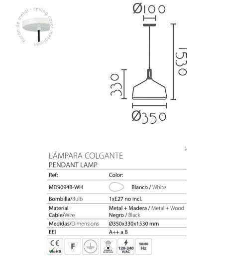 Características Lámpara colgante nórdica MD9094B-W blanco-madera Ø35cm E27