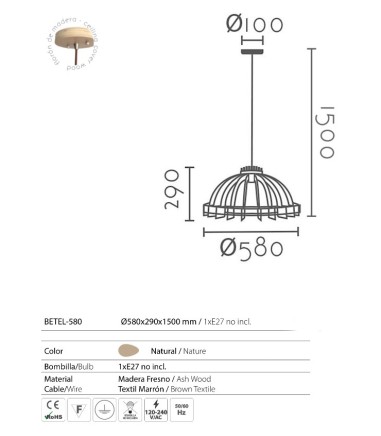 Características Lámpara de techo madera Betel-580 58cm