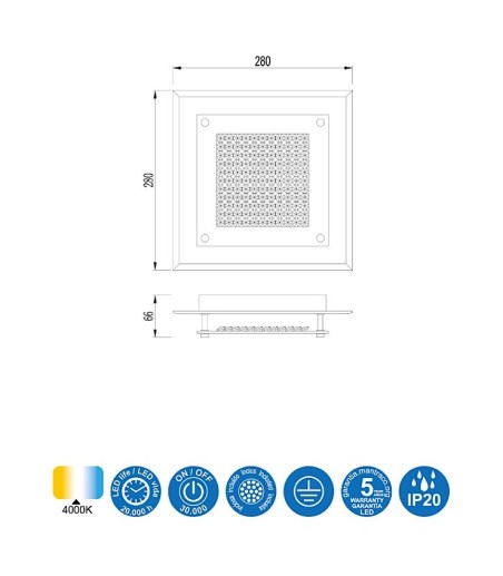 Dimensiones Plafón Crystal LED cuadrado 12W pequeño 4580 Mantra