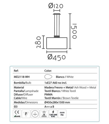 características Lámpara de techo con pantalla MD2118-WH - Ineslam