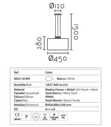 características Lámpara de techo con pantalla MD2118-WH - Ineslam