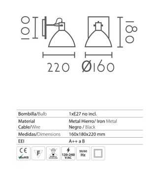 Aplique de pared metal cromo Ø16cm E27 MB6173-CH - Ineslam 2