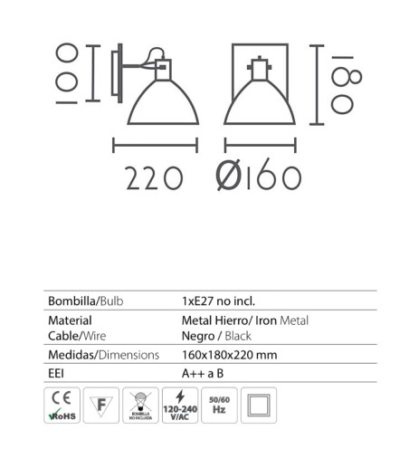 Dimensiones: Aplique de pared metal bronce antiguo Ø16cm E27 MB6173-ABE - Ineslam