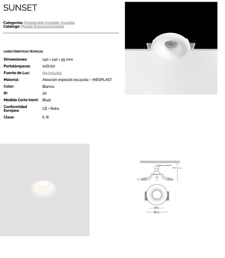 Características Aro empotrable invisible escayola GU10 Sunset