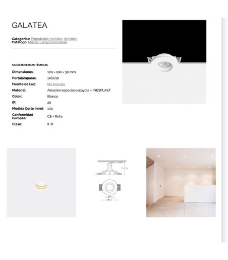 Características Aro empotrable invisible escayola GU10 Galatea