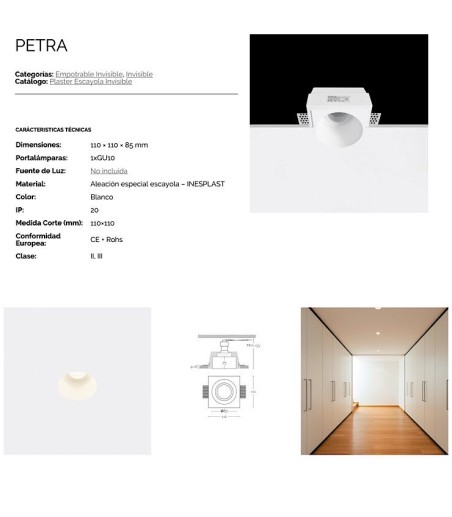 Características Aro empotrable invisible escayola GU10 Petra 1051