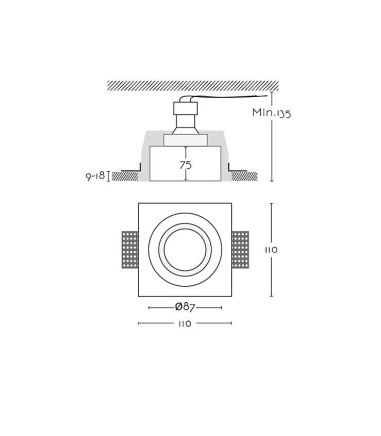 Dimensiones Aro empotrable invisible escayola GU10 Petra 1051