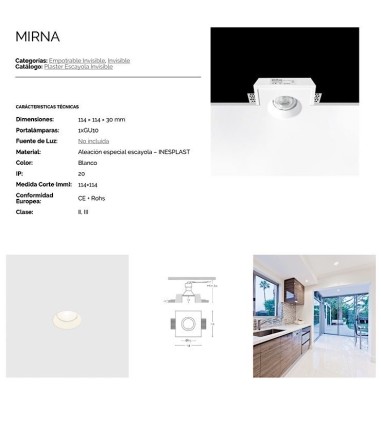 Características  Foco empotrable GU10 invisible de escayola Mirna 1066