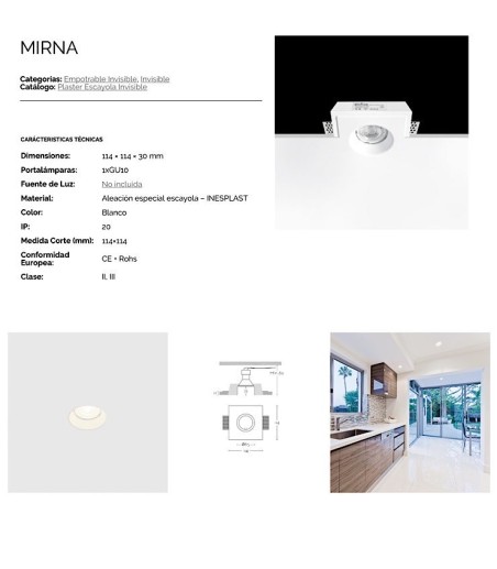Características  Foco empotrable GU10 invisible de escayola Mirna 1066