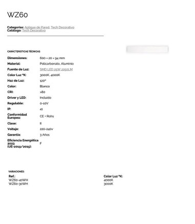 Características Aplique plano WZ60 blanco 60cm 25W 2250lm