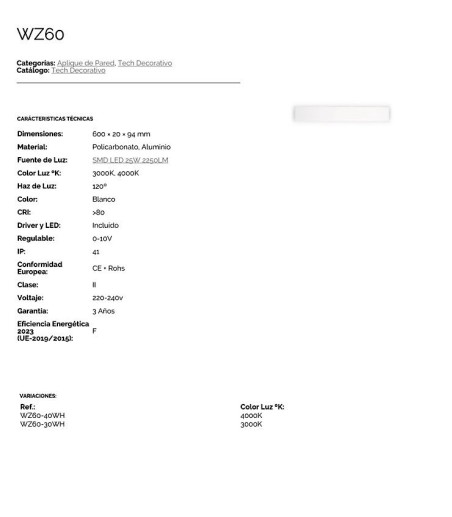 Características Aplique plano WZ60 blanco 60cm 25W 2250lm