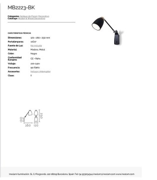 Aplique pared nórdico ND17AN metal negro-madera E27 2