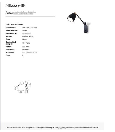 Características Aplique de pared nórdico articulado ND17AN metal negro-madera E27