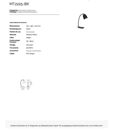 Características Lámpara de mesa nórdica ND17SN metal negro-madera E27
