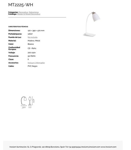 Características Lámpara de mesa nórdica ND17S metal blanco-madera E27