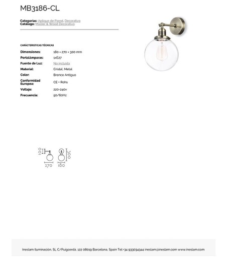 Características Aplique de pared orientable globo transparente Ø18cm E27