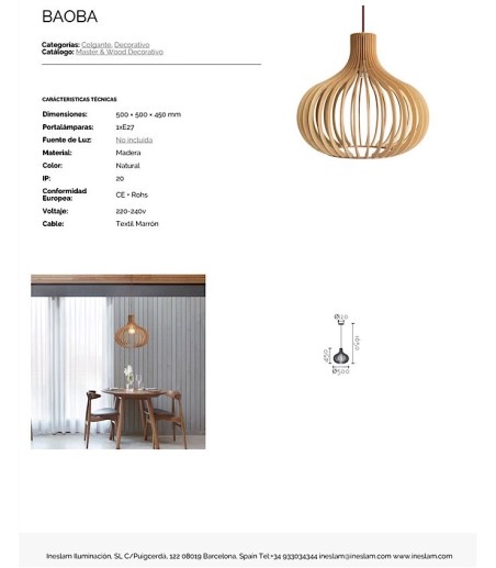 Características  Lámpara de techo Baoba - Ineslam madera natural Ø50 cm