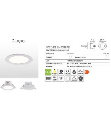 Características Foco LED empotrable IP44 redondo blanco 10W Ø115mm DL1910