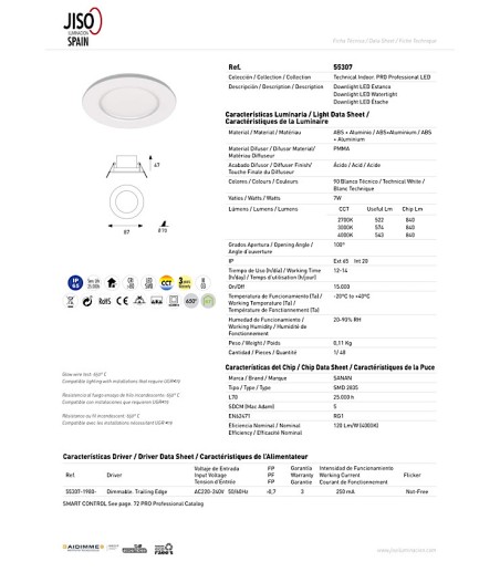 Características Foco Empotrable LED Estanco IP65 Waterlight 7W 87mm - 55307 jiso