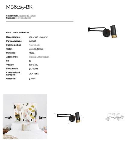 Aplique de pared articulado GU10 MB6115-BK - Ineslam