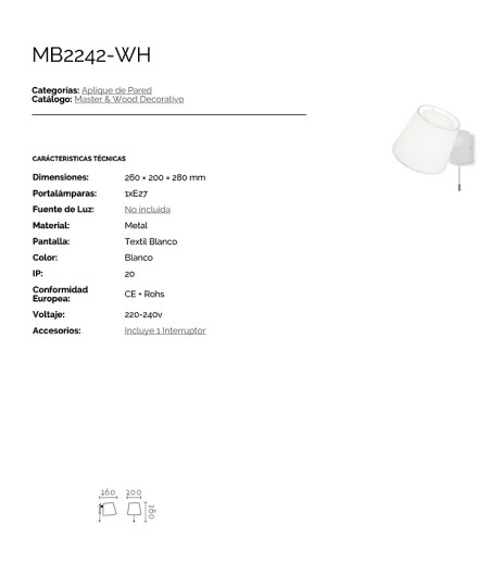 Aplique de pared MB2242-WH - Ineslam