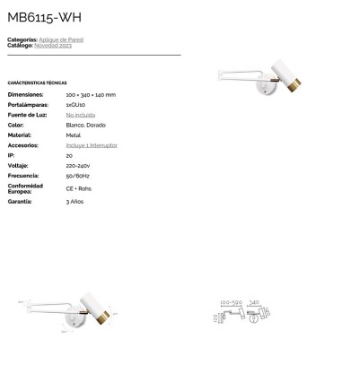 Características Aplique de pared blanco-dorado articulado MB6115-WH - Ineslam