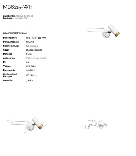 Características Aplique de pared blanco-dorado articulado MB6115-WH - Ineslam