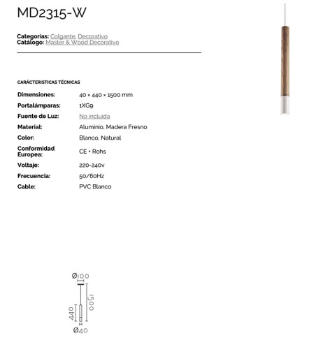Características Lámpara colgante MD2315-W Ineslam