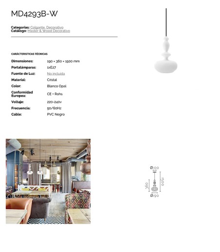 Características Lámpara Colgante MD4293  Ineslam cristal blanco Ø19cm E27