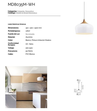 Características Lámpara colgante nórdica blanco-madera Ø31 MD8035M-WH - Ineslam