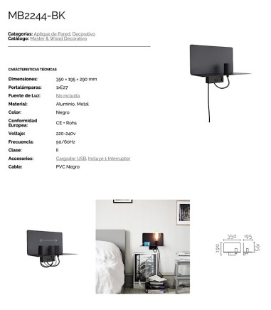 Características Aplique de pared MB2244 con cargador USB - Ineslam