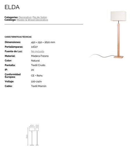 Características Lámpara de pie madera con pantalla Elda - Ineslam